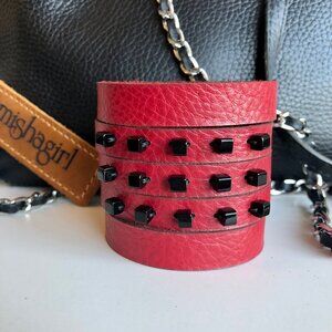 MishaGirl Handmade Wide Red Leather Cuff Bracelet